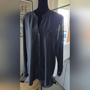 Kut from the Kloth Classic Black Button-Front Sheer Blouse Size Large